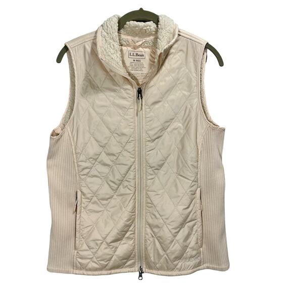 L.L.Bean Women's Cream Quilted Faux Fur Lined Zip Front Vest Sz M - Picture 1 of 10